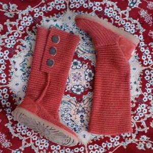 UGG Red Knit Tall Boots Sheep Wool Slippers